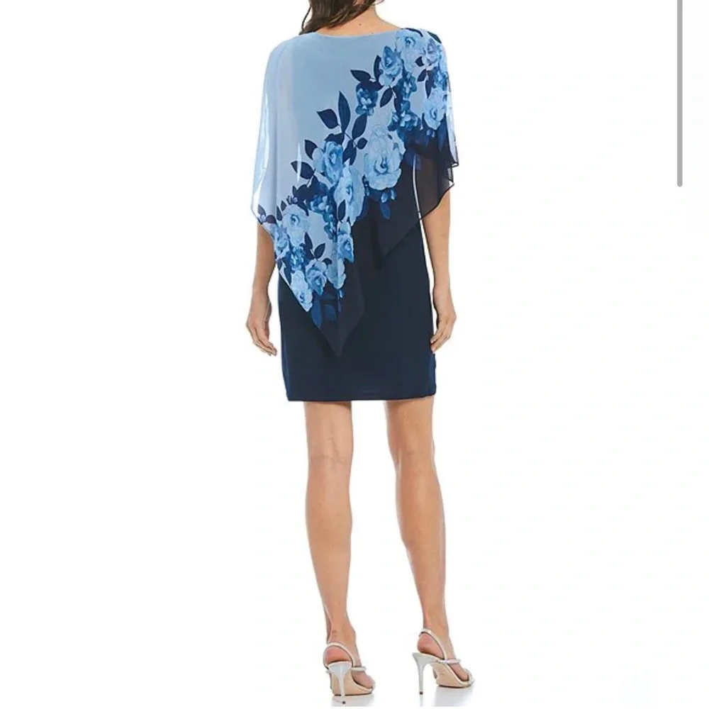 Ignite Evenings Blue Jewel Neck Sleeveless Asymmetric Capelet Dress Size 14 - Picture 9 of 12